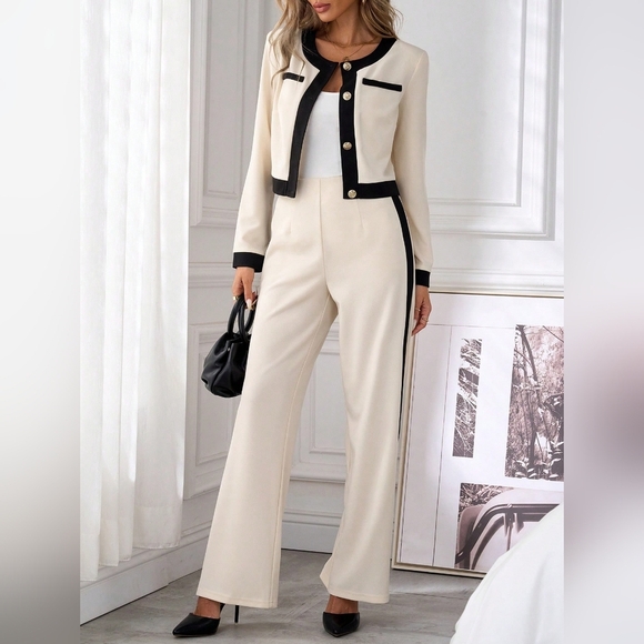 Women Contrast Trim Single Breasted Placket Jacket & Flare Leg Pants Set